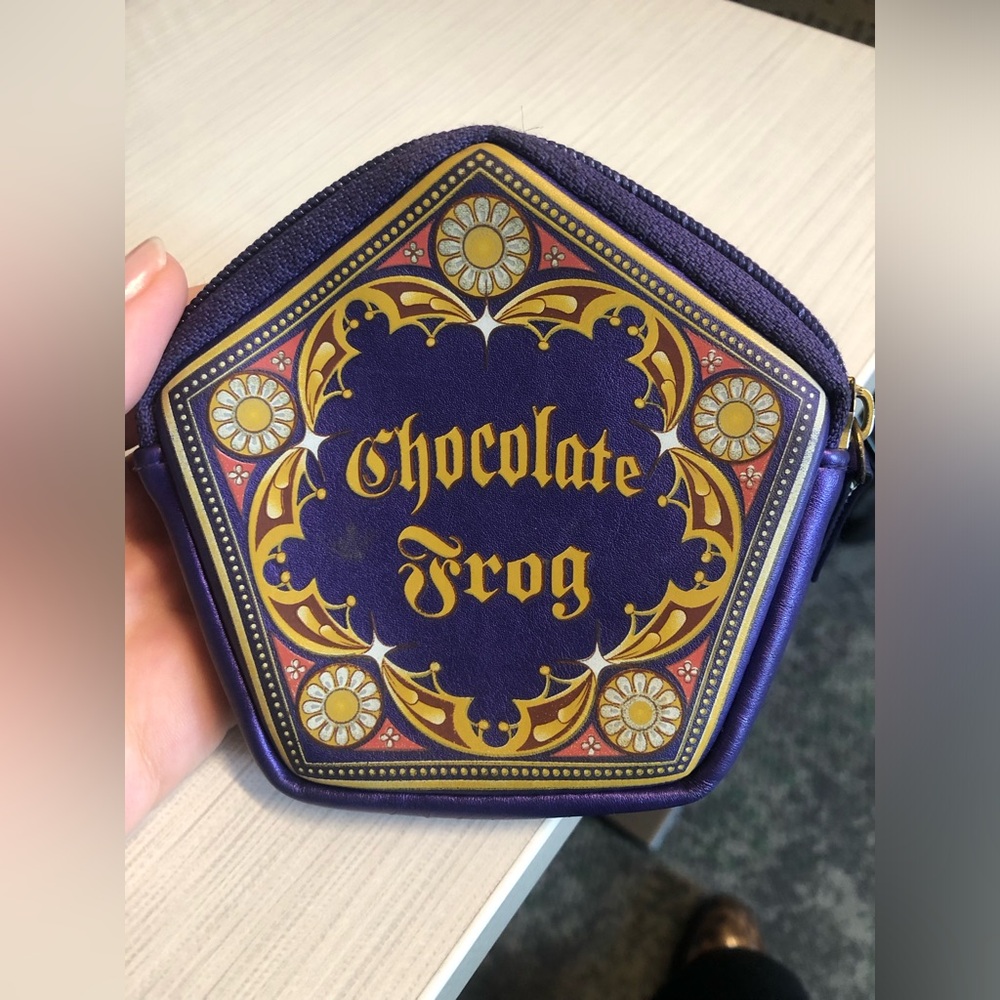 Harry Potter chocolate frog coin purse in purple and gold.